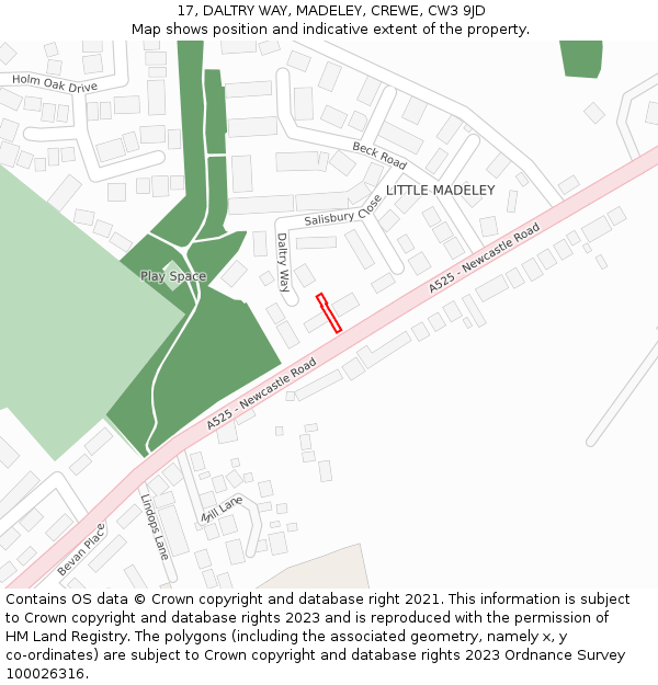 17, DALTRY WAY, MADELEY, CREWE, CW3 9JD: Location map and indicative extent of plot
