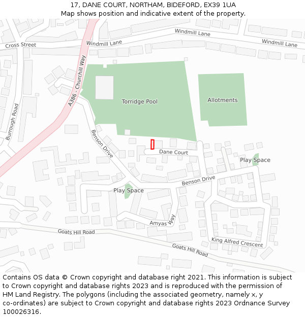 17, DANE COURT, NORTHAM, BIDEFORD, EX39 1UA: Location map and indicative extent of plot