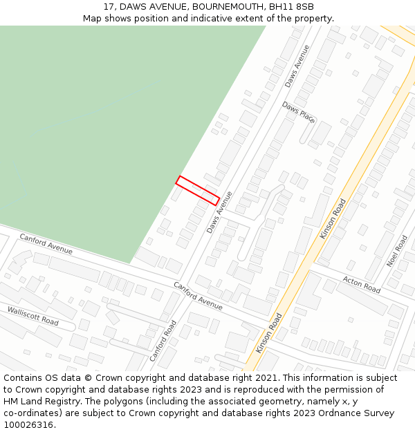 17, DAWS AVENUE, BOURNEMOUTH, BH11 8SB: Location map and indicative extent of plot