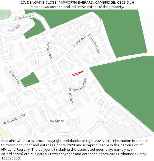 17, DENGAINE CLOSE, PAPWORTH EVERARD, CAMBRIDGE, CB23 3UH: Location map and indicative extent of plot