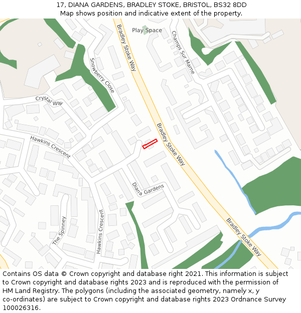 17, DIANA GARDENS, BRADLEY STOKE, BRISTOL, BS32 8DD: Location map and indicative extent of plot
