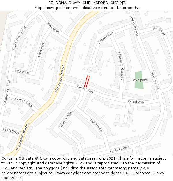 17, DONALD WAY, CHELMSFORD, CM2 9JB: Location map and indicative extent of plot