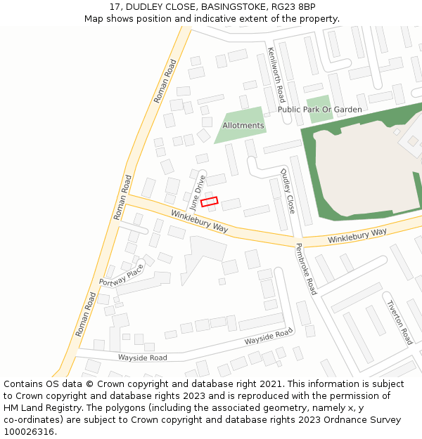 17, DUDLEY CLOSE, BASINGSTOKE, RG23 8BP: Location map and indicative extent of plot