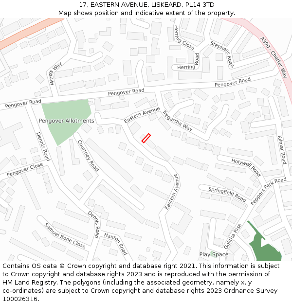 17, EASTERN AVENUE, LISKEARD, PL14 3TD: Location map and indicative extent of plot