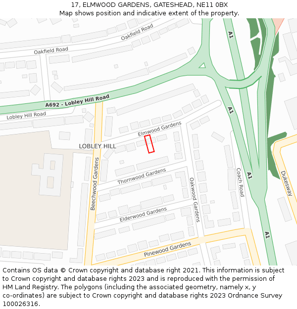 17, ELMWOOD GARDENS, GATESHEAD, NE11 0BX: Location map and indicative extent of plot