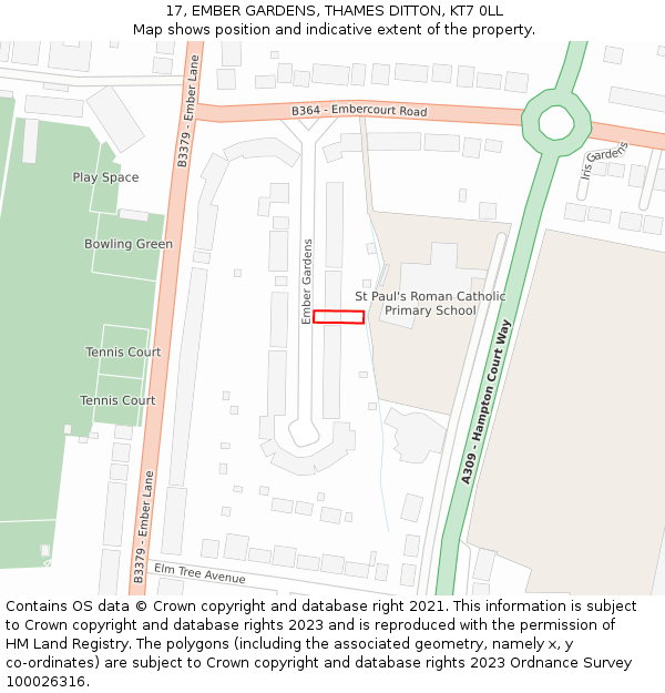 17, EMBER GARDENS, THAMES DITTON, KT7 0LL: Location map and indicative extent of plot