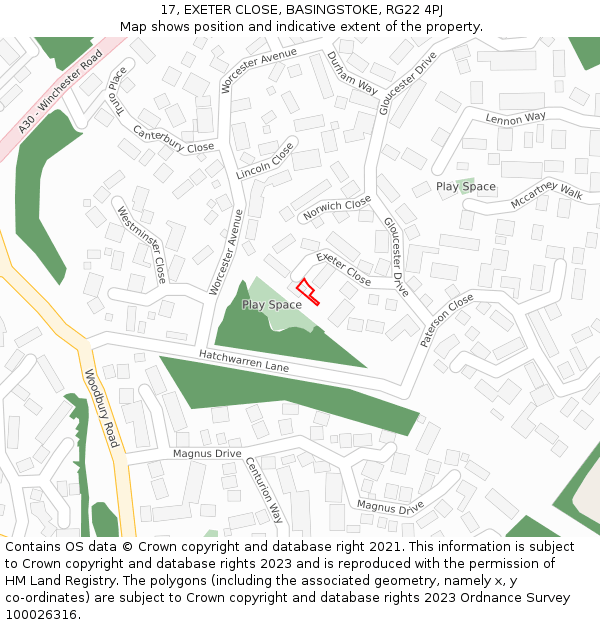 17, EXETER CLOSE, BASINGSTOKE, RG22 4PJ: Location map and indicative extent of plot