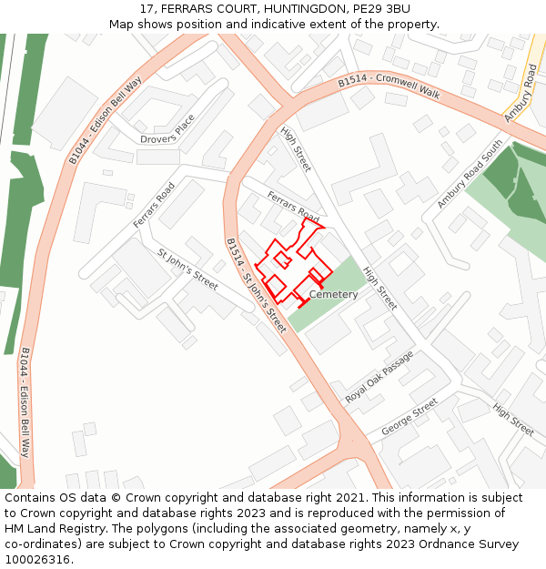 17, FERRARS COURT, HUNTINGDON, PE29 3BU: Location map and indicative extent of plot