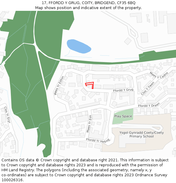17, FFORDD Y GRUG, COITY, BRIDGEND, CF35 6BQ: Location map and indicative extent of plot