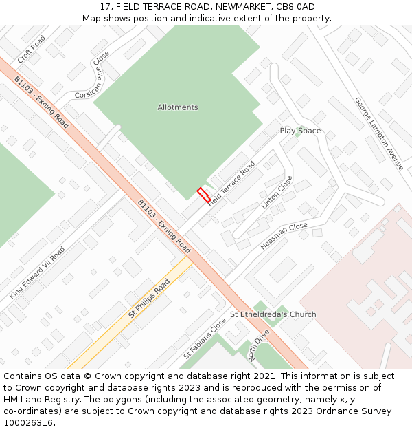 17, FIELD TERRACE ROAD, NEWMARKET, CB8 0AD: Location map and indicative extent of plot