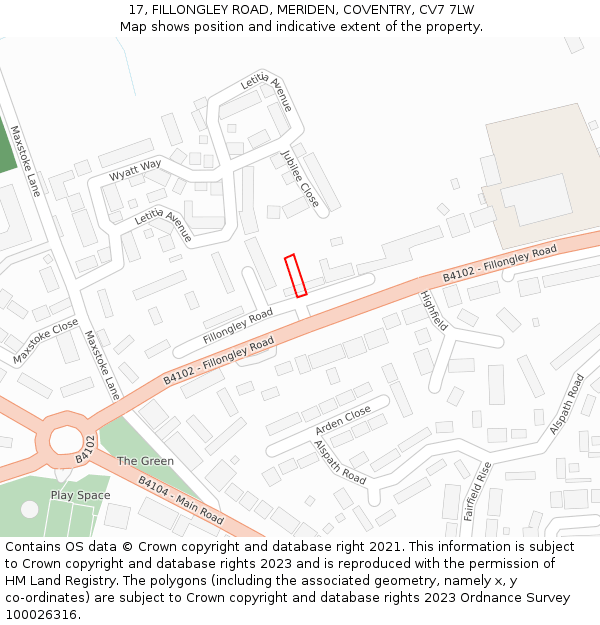 17, FILLONGLEY ROAD, MERIDEN, COVENTRY, CV7 7LW: Location map and indicative extent of plot
