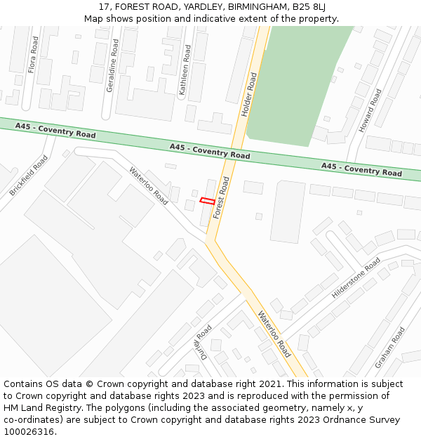 17, FOREST ROAD, YARDLEY, BIRMINGHAM, B25 8LJ: Location map and indicative extent of plot