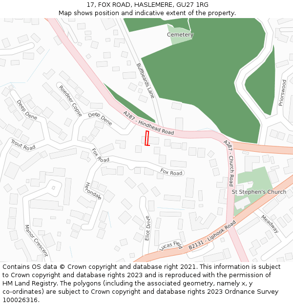17, FOX ROAD, HASLEMERE, GU27 1RG: Location map and indicative extent of plot