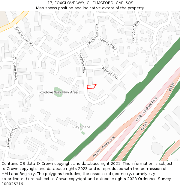 17, FOXGLOVE WAY, CHELMSFORD, CM1 6QS: Location map and indicative extent of plot