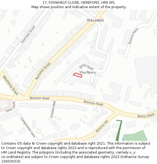 17, FOXWHELP CLOSE, HEREFORD, HR4 0PL: Location map and indicative extent of plot