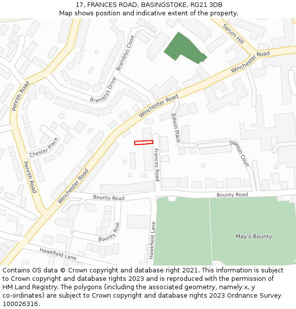 17, FRANCES ROAD, BASINGSTOKE, RG21 3DB: Location map and indicative extent of plot