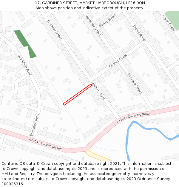 17, GARDINER STREET, MARKET HARBOROUGH, LE16 9QN: Location map and indicative extent of plot