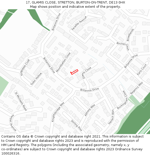 17, GLAMIS CLOSE, STRETTON, BURTON-ON-TRENT, DE13 0HX: Location map and indicative extent of plot