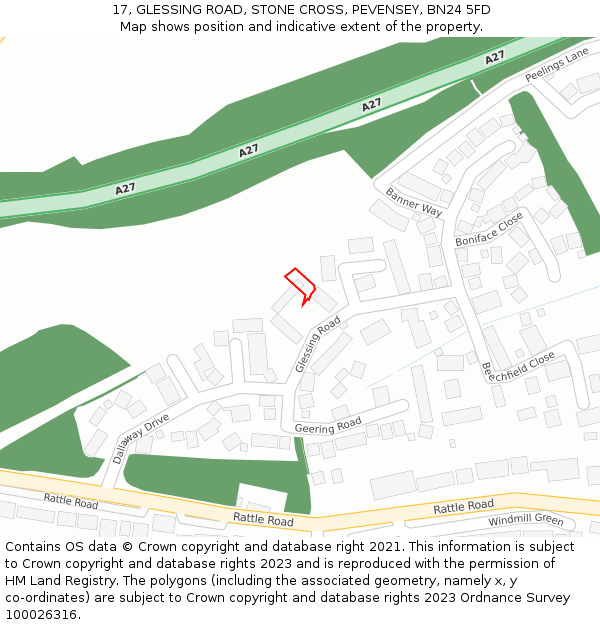 17, GLESSING ROAD, STONE CROSS, PEVENSEY, BN24 5FD: Location map and indicative extent of plot
