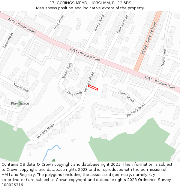 17, GORINGS MEAD, HORSHAM, RH13 5BS: Location map and indicative extent of plot