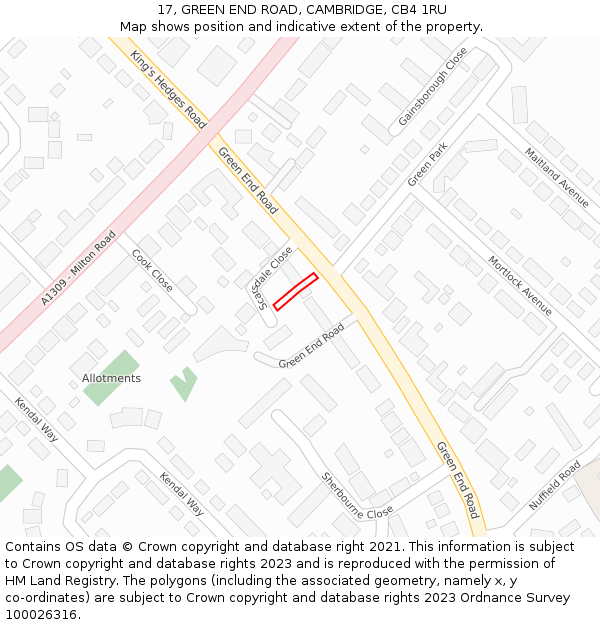 17, GREEN END ROAD, CAMBRIDGE, CB4 1RU: Location map and indicative extent of plot
