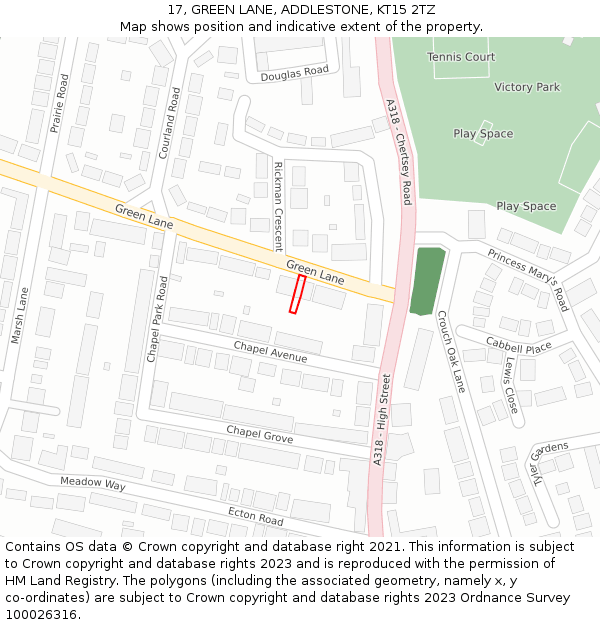 17, GREEN LANE, ADDLESTONE, KT15 2TZ: Location map and indicative extent of plot