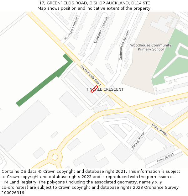 17, GREENFIELDS ROAD, BISHOP AUCKLAND, DL14 9TE: Location map and indicative extent of plot