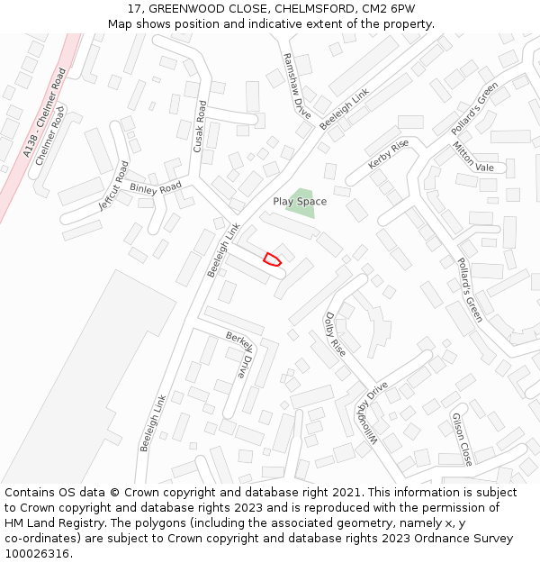 17, GREENWOOD CLOSE, CHELMSFORD, CM2 6PW: Location map and indicative extent of plot
