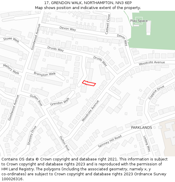 17, GRENDON WALK, NORTHAMPTON, NN3 6EP: Location map and indicative extent of plot