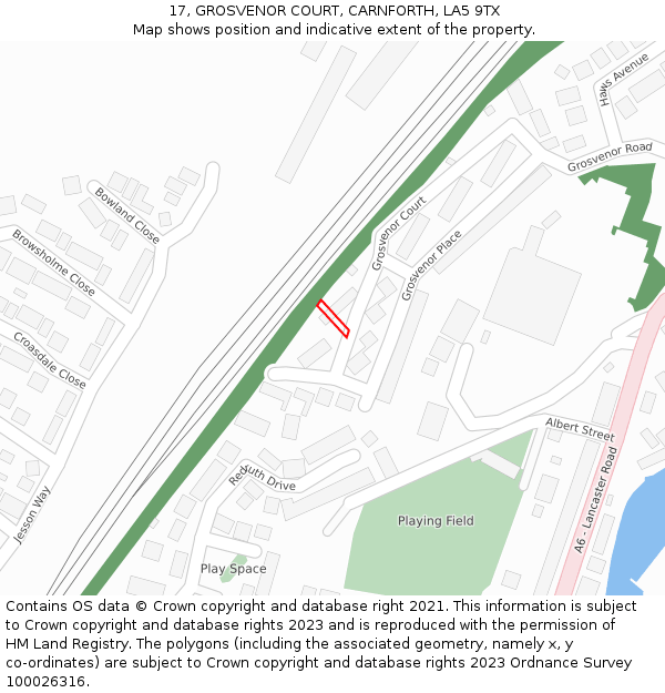17, GROSVENOR COURT, CARNFORTH, LA5 9TX: Location map and indicative extent of plot