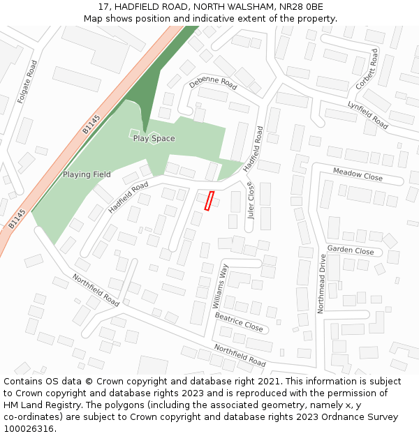 17, HADFIELD ROAD, NORTH WALSHAM, NR28 0BE: Location map and indicative extent of plot