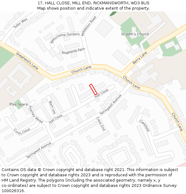 17, HALL CLOSE, MILL END, RICKMANSWORTH, WD3 8US: Location map and indicative extent of plot
