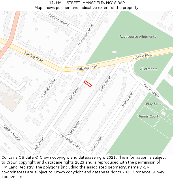 17, HALL STREET, MANSFIELD, NG18 3AP: Location map and indicative extent of plot