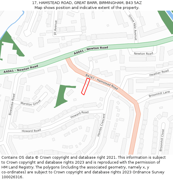 17, HAMSTEAD ROAD, GREAT BARR, BIRMINGHAM, B43 5AZ: Location map and indicative extent of plot