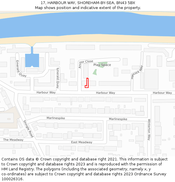 17, HARBOUR WAY, SHOREHAM-BY-SEA, BN43 5BX: Location map and indicative extent of plot