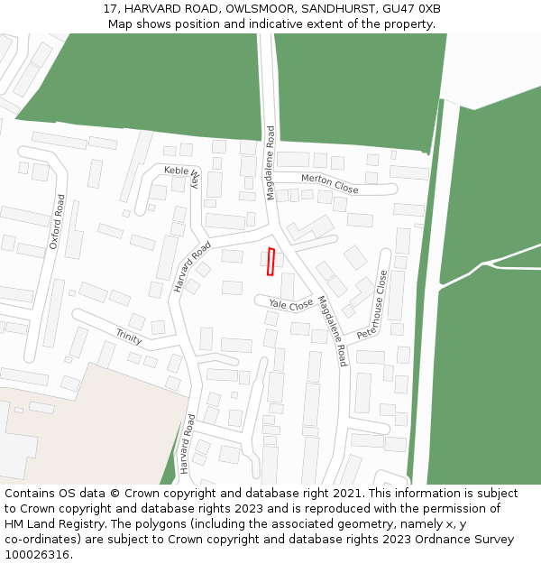 17, HARVARD ROAD, OWLSMOOR, SANDHURST, GU47 0XB: Location map and indicative extent of plot