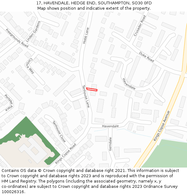 17, HAVENDALE, HEDGE END, SOUTHAMPTON, SO30 0FD: Location map and indicative extent of plot