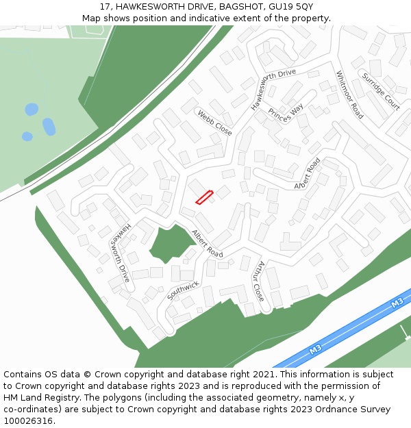 17, HAWKESWORTH DRIVE, BAGSHOT, GU19 5QY: Location map and indicative extent of plot