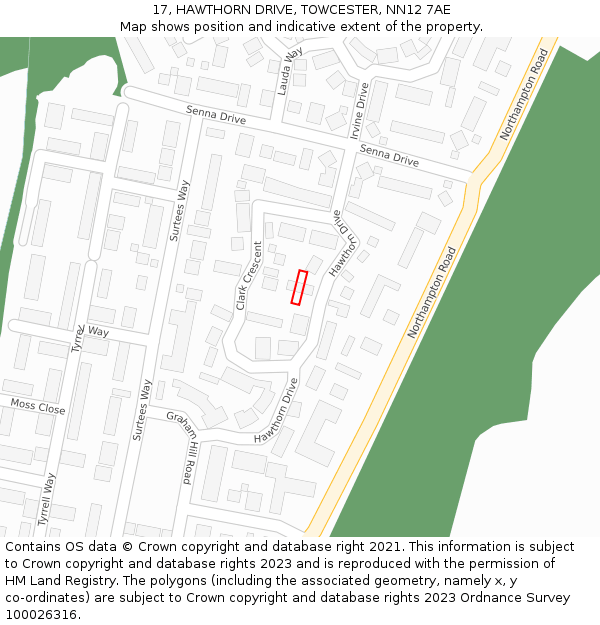 17, HAWTHORN DRIVE, TOWCESTER, NN12 7AE: Location map and indicative extent of plot