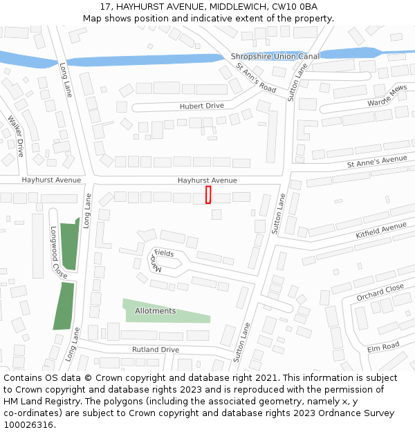 17, HAYHURST AVENUE, MIDDLEWICH, CW10 0BA: Location map and indicative extent of plot