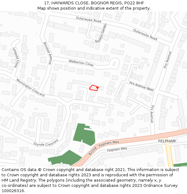 17, HAYWARDS CLOSE, BOGNOR REGIS, PO22 8HF: Location map and indicative extent of plot