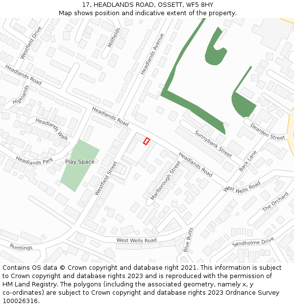 17, HEADLANDS ROAD, OSSETT, WF5 8HY: Location map and indicative extent of plot