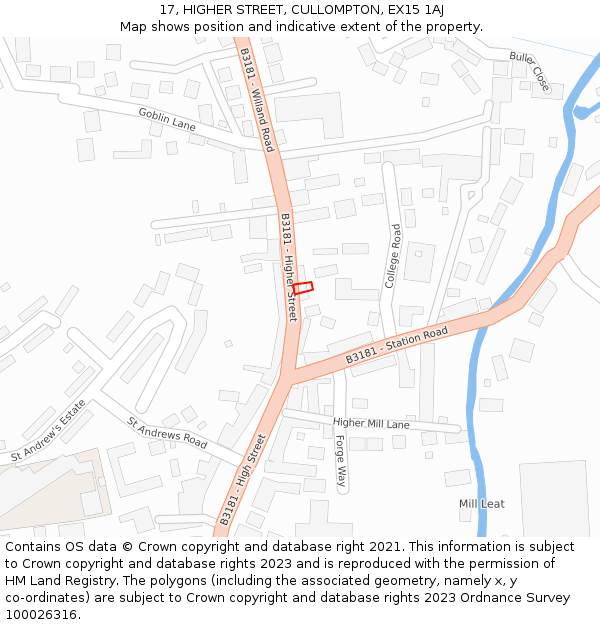 17, HIGHER STREET, CULLOMPTON, EX15 1AJ: Location map and indicative extent of plot