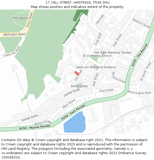 17, HILL STREET, HASTINGS, TN34 3HU: Location map and indicative extent of plot