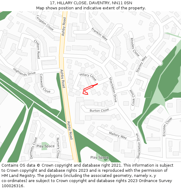 17, HILLARY CLOSE, DAVENTRY, NN11 0SN: Location map and indicative extent of plot