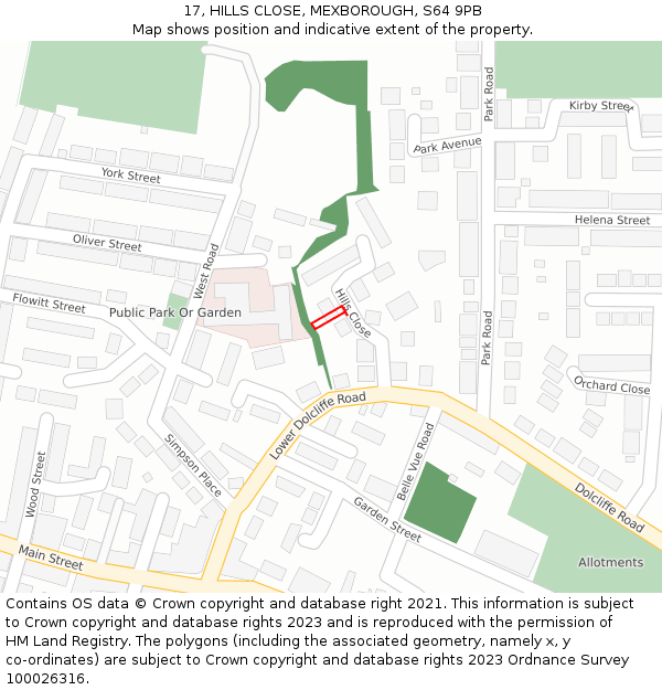 17, HILLS CLOSE, MEXBOROUGH, S64 9PB: Location map and indicative extent of plot