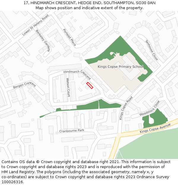 17, HINDMARCH CRESCENT, HEDGE END, SOUTHAMPTON, SO30 0AN: Location map and indicative extent of plot