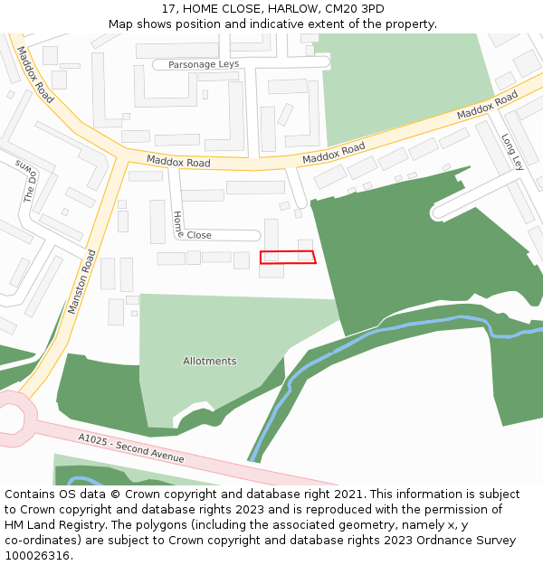 17, HOME CLOSE, HARLOW, CM20 3PD: Location map and indicative extent of plot