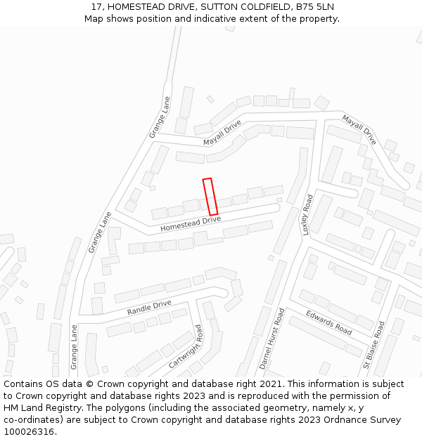 17, HOMESTEAD DRIVE, SUTTON COLDFIELD, B75 5LN: Location map and indicative extent of plot