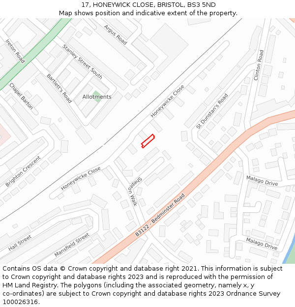 17, HONEYWICK CLOSE, BRISTOL, BS3 5ND: Location map and indicative extent of plot